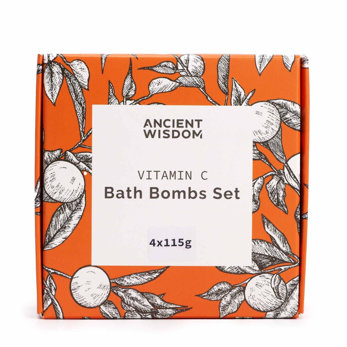 Set of four orange-toned aromatherapy bath bombs in a decorative gift box.
