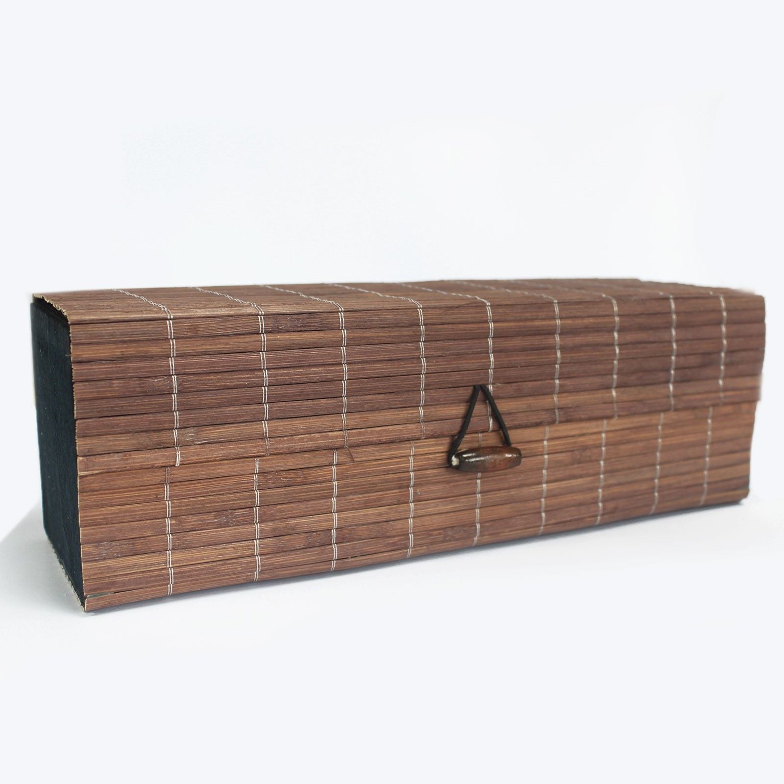Handcrafted triple compartment bamboo gift box with a slatted design and lightweight hinged lid.