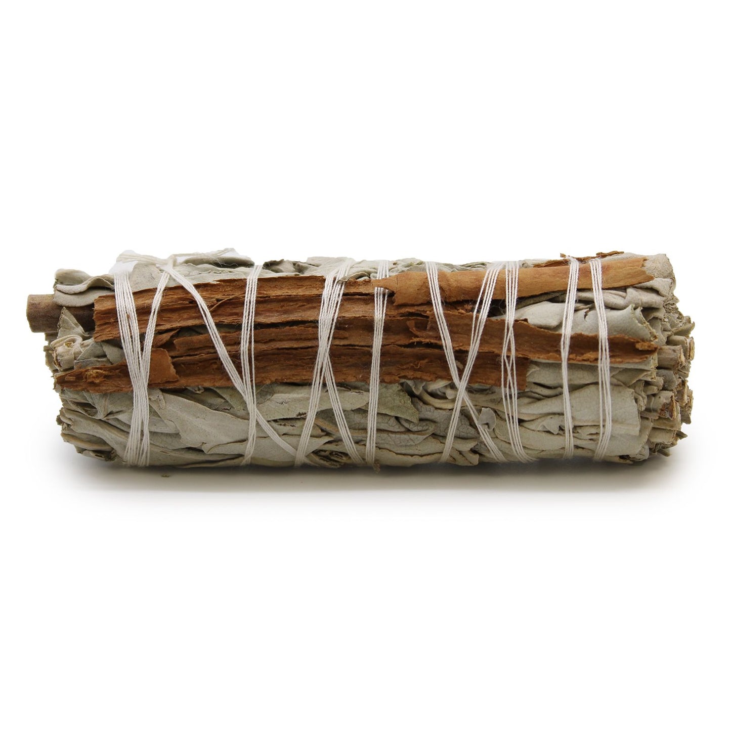 Hand-tied white sage smudge stick bundled with a cinnamon stick, wrapped in thread for ritual cleansing.