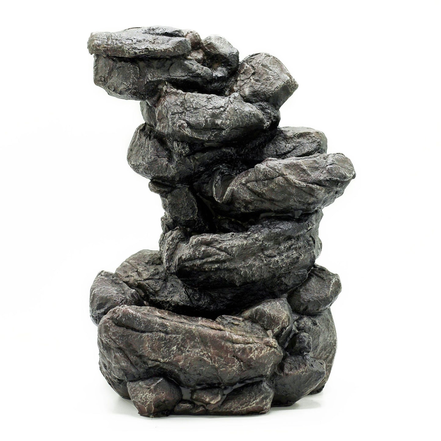 Detailed polyresin tabletop water feature with a multi-tiered natural rock formation and cascading waterfall design.