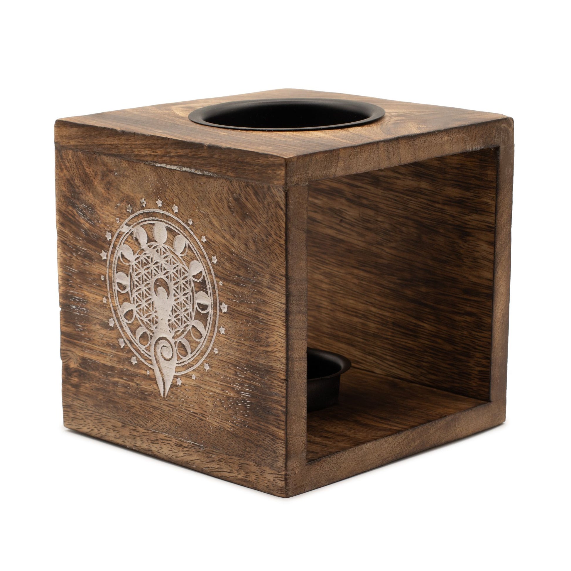 Large square hand-carved mango wood oil burner featuring a central Moon Goddess engraving and a glass dish on top.