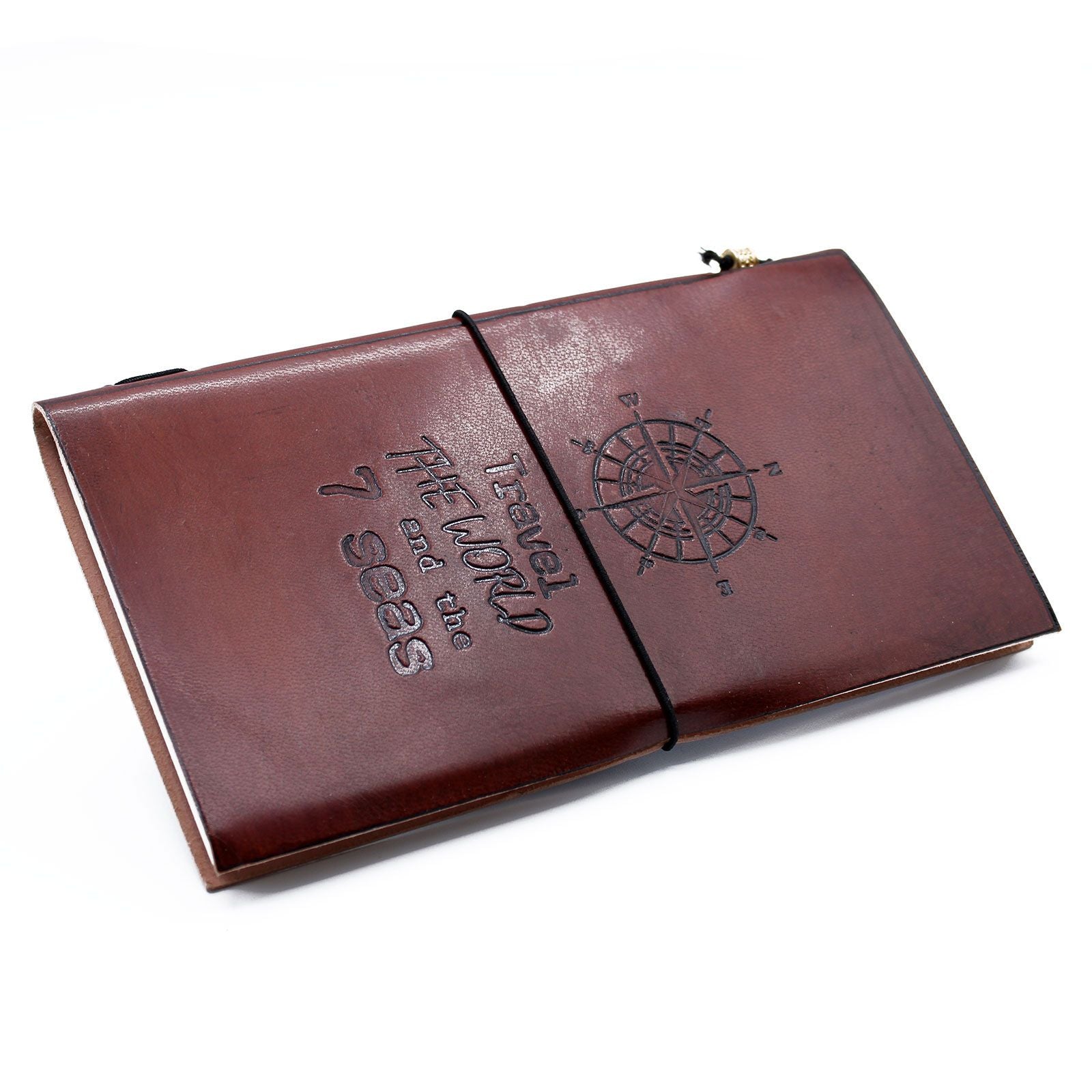Handmade brown leather journal with embossed travel the world design and a wrap around leather tie closure.