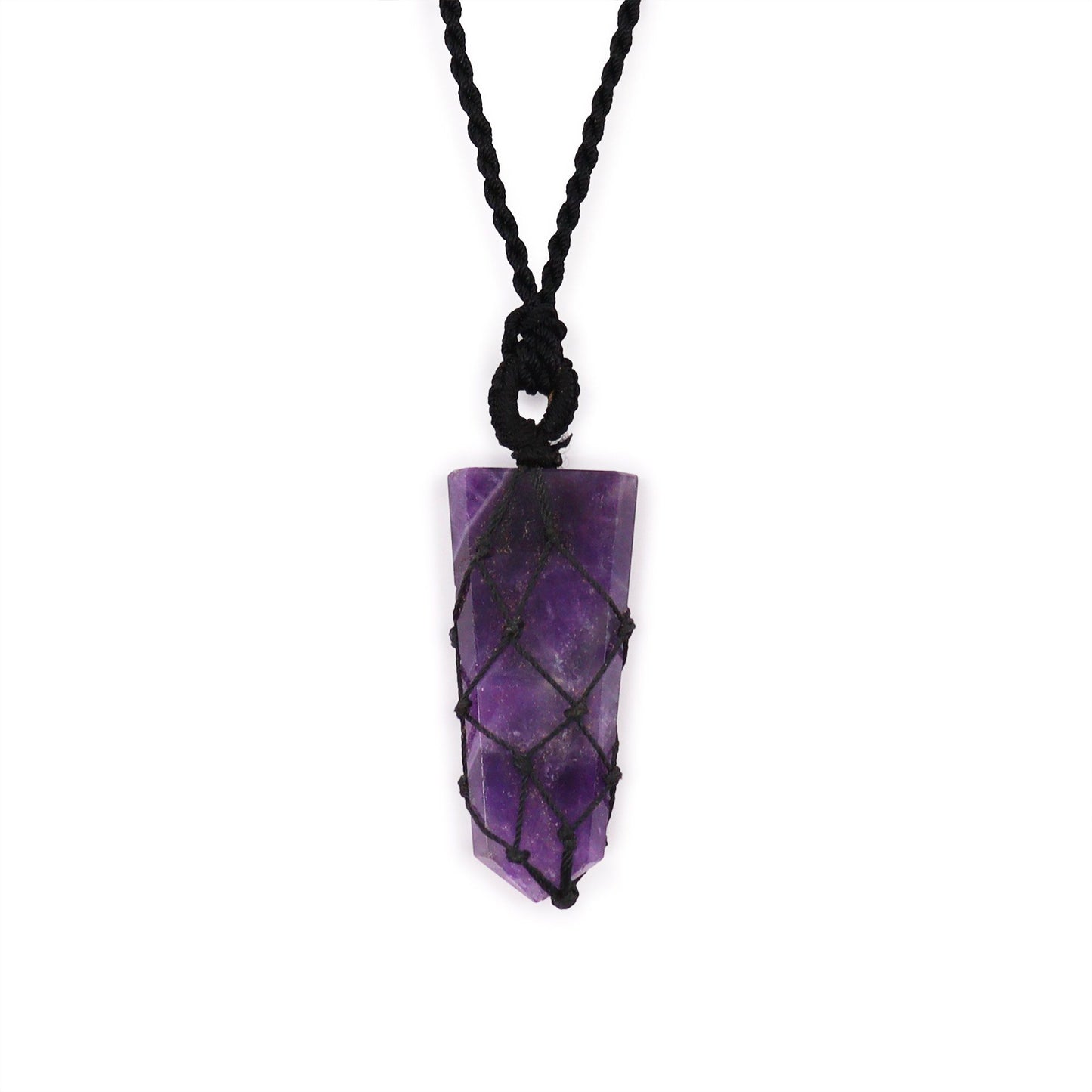 Sleek amethyst gemstone pendant with a flat point design and delicate laced metal detailing.