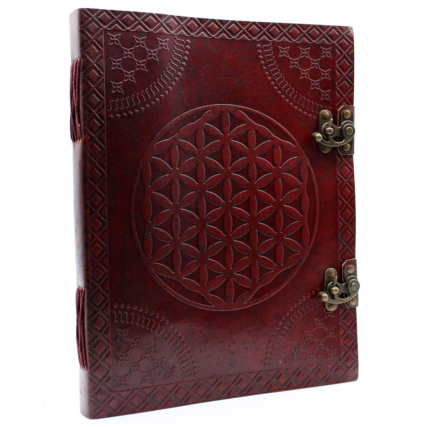 Large brown vintage style leather notebook featuring an embossed Flower of Life sacred geometry design on the cover.