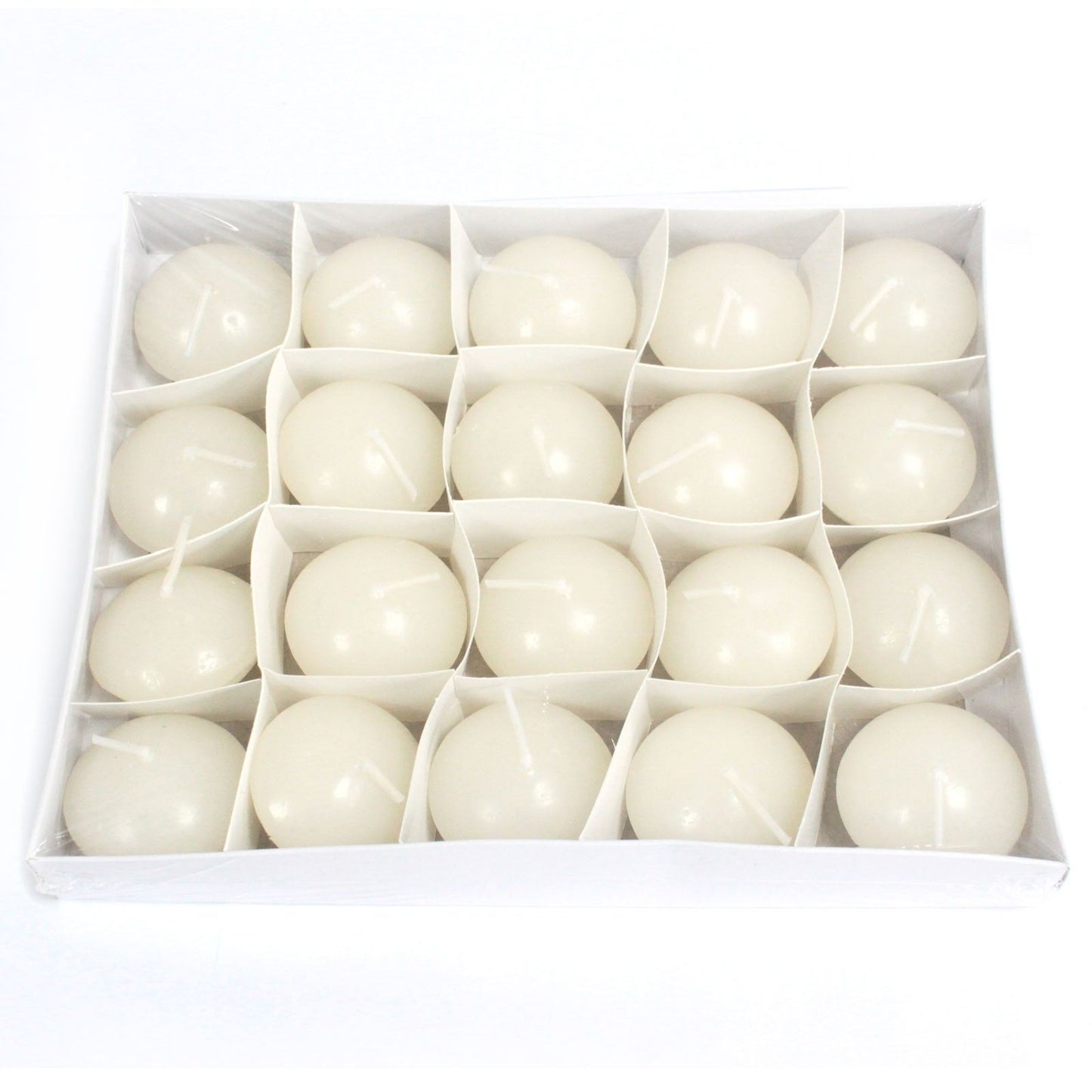 A small, round ivory-coloured unscented floating candle designed for water displays and wedding centrepieces.