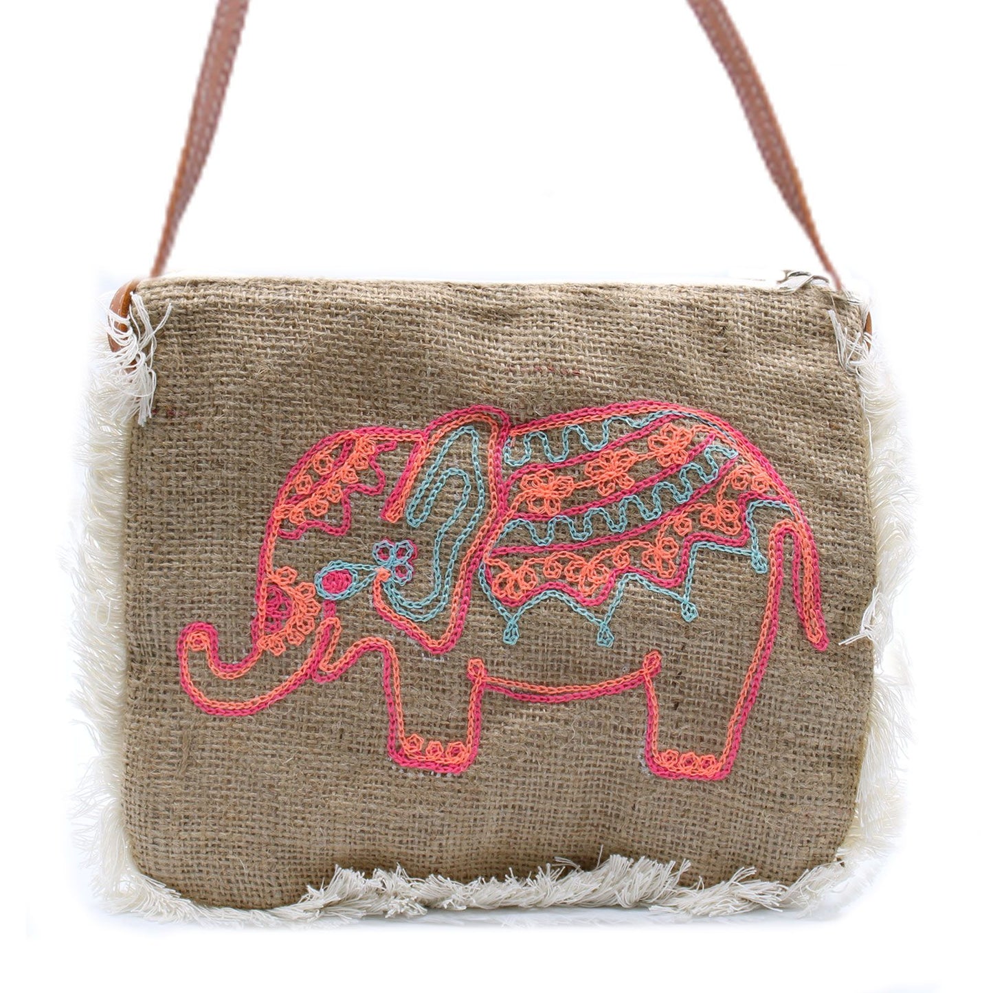 Bohemian style soft washed jute bag featuring detailed elephant embroidery and a stylish cotton fringe.