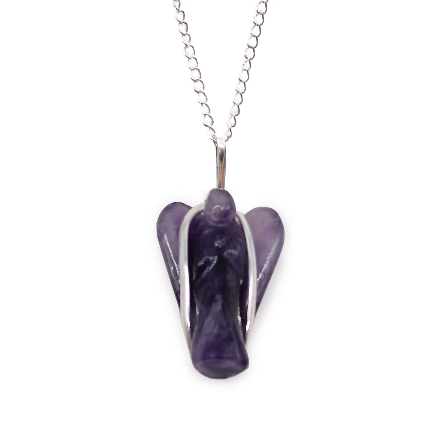 Delicate purple amethyst gemstone hand-carved into a small guardian angel pendant with a silver-toned bale.