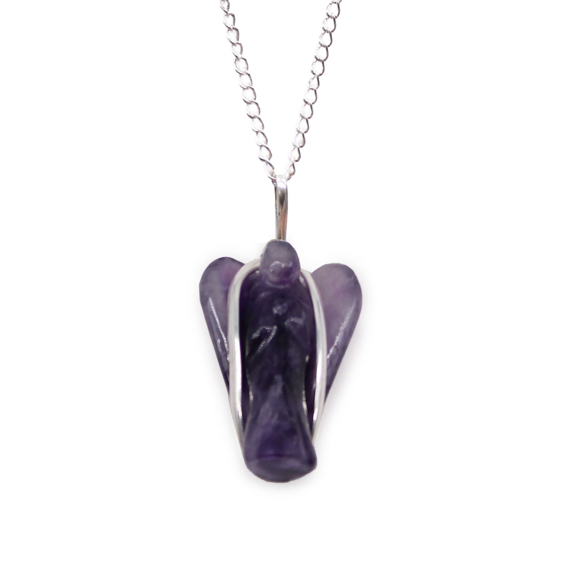 Delicate purple amethyst gemstone hand-carved into a small guardian angel pendant with a silver-toned bale.