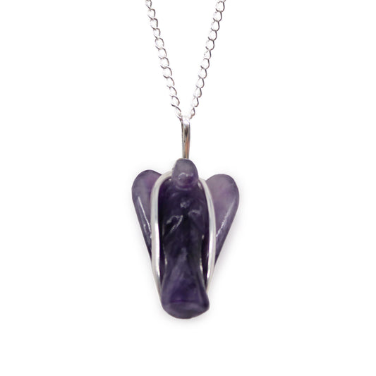 Delicate purple amethyst gemstone hand-carved into a small guardian angel pendant with a silver-toned bale.