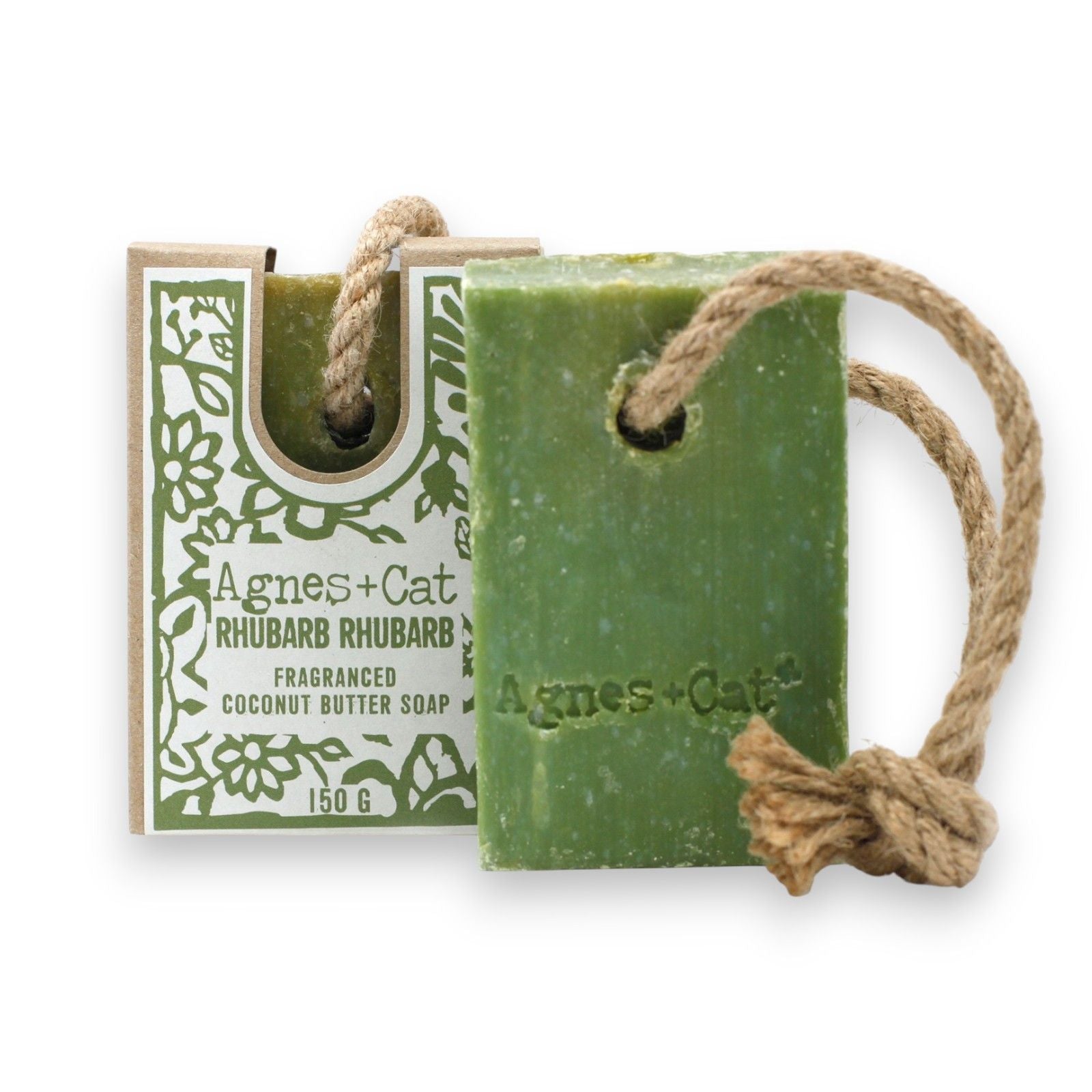 A chunky bar of pink and red marbled soap attached to a natural rope loop for hanging in a shower.