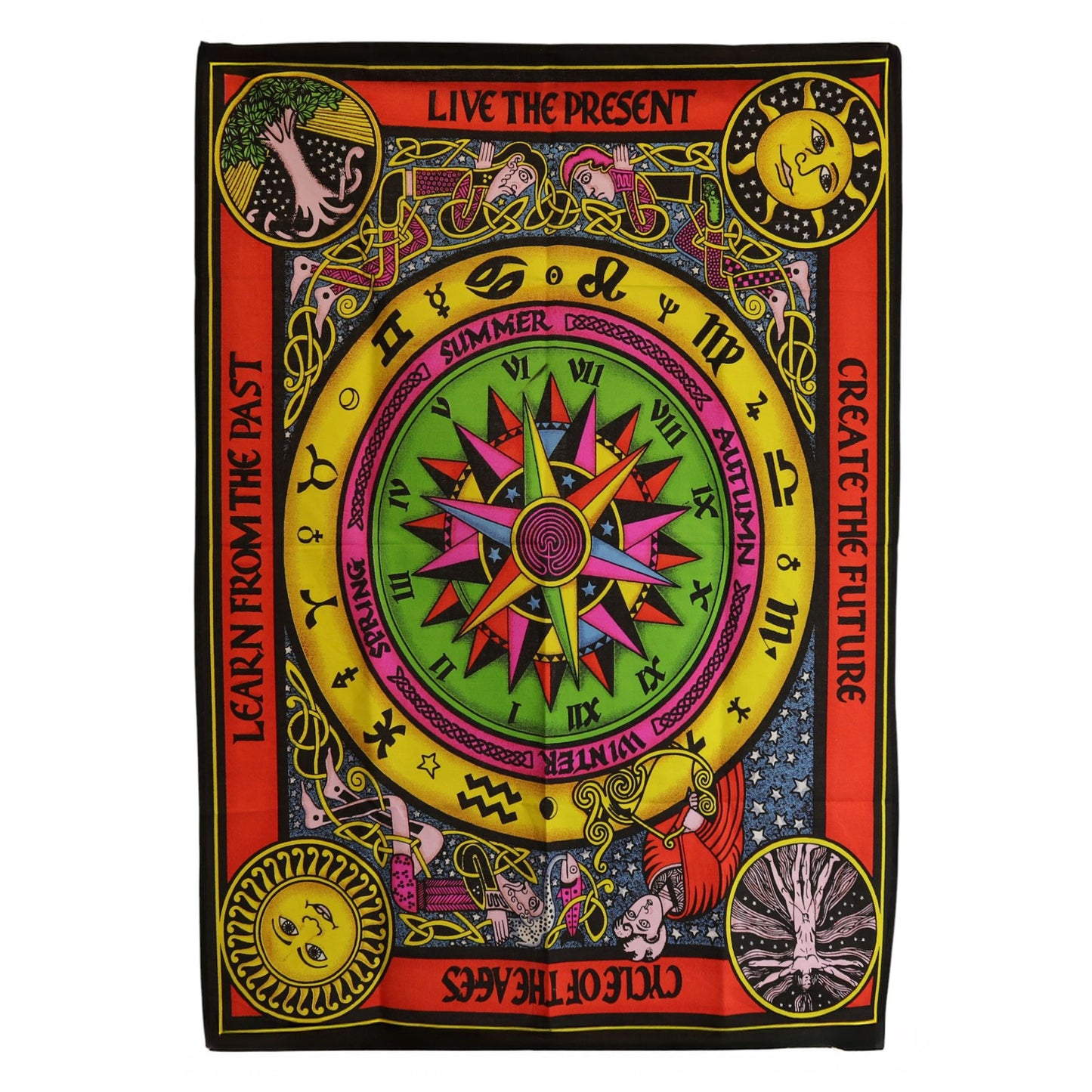 Vibrant cotton wall hanging featuring a symbolic Circle of Life design with zodiac signs and bold colours.