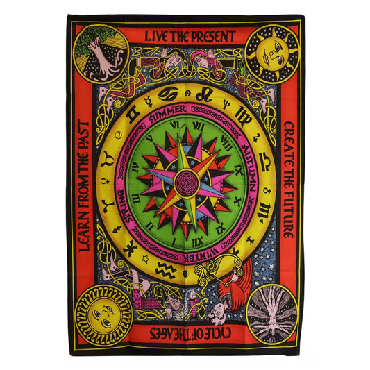 Vibrant cotton wall hanging featuring a symbolic Circle of Life design with zodiac signs and bold colours.