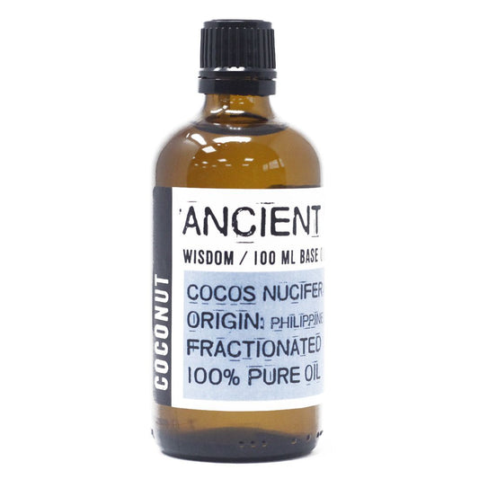 Clear 100ml bottle of liquid fractionated coconut oil, a versatile carrier oil for skincare and aromatherapy.