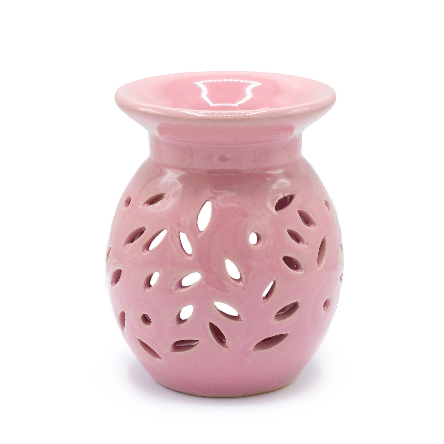 Elegant white ceramic oil burner with a delicate rose floral cutout design and a deep bowl for essential oils.