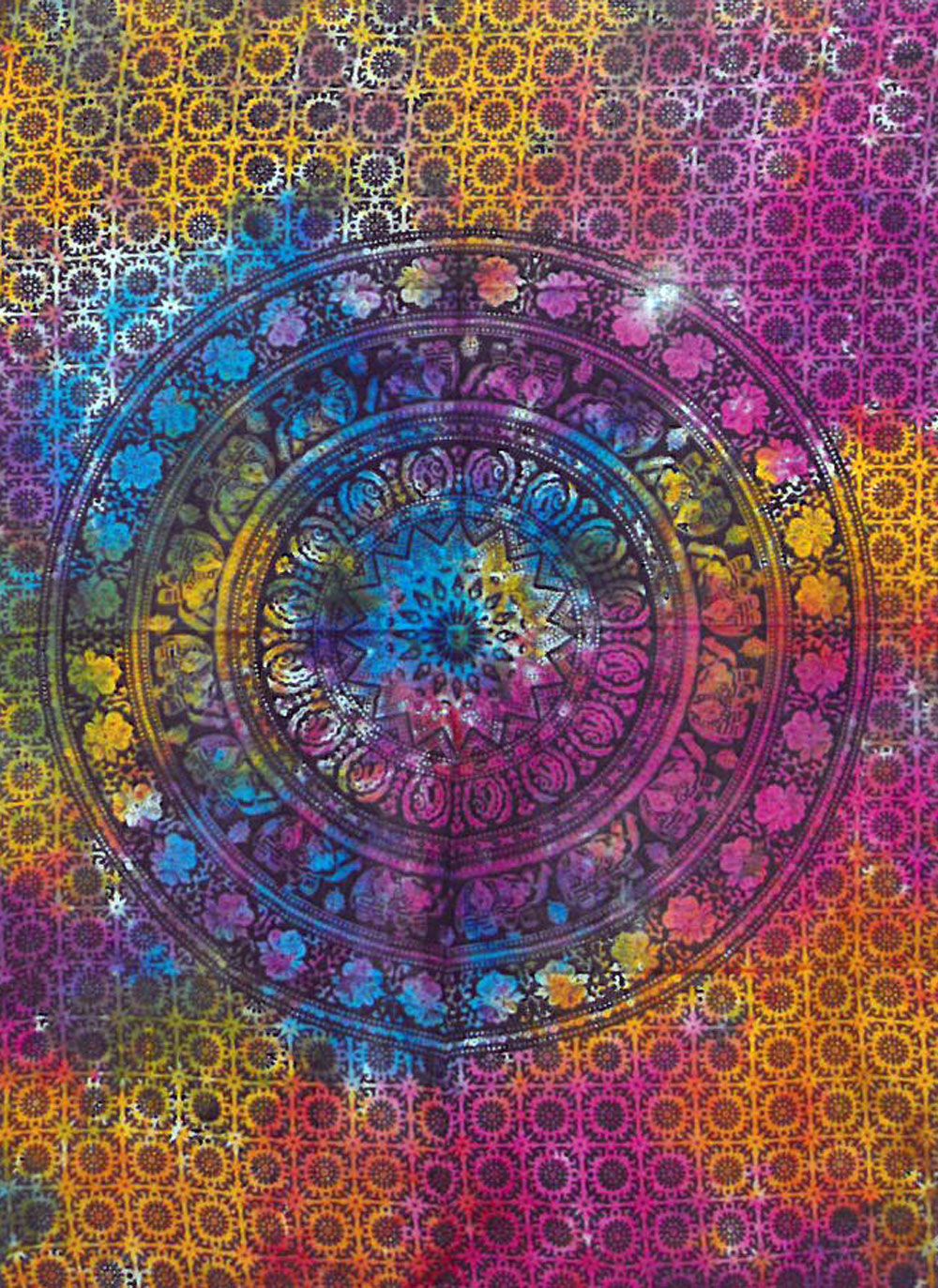 Vibrant cotton wall hanging featuring a central colourful mandala design surrounded by a border of small elephant motifs.