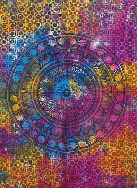 Vibrant cotton wall hanging featuring a central colourful mandala design surrounded by a border of small elephant motifs.