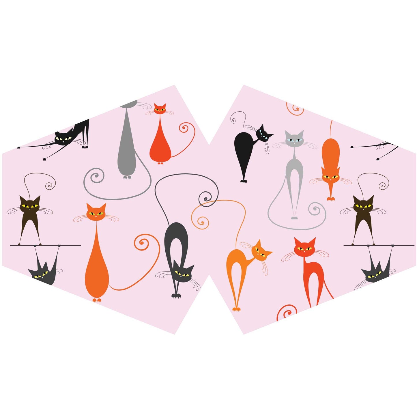 Adult-sized pink reusable fabric face mask featuring a cute white and black cat pattern with elastic ear loops.