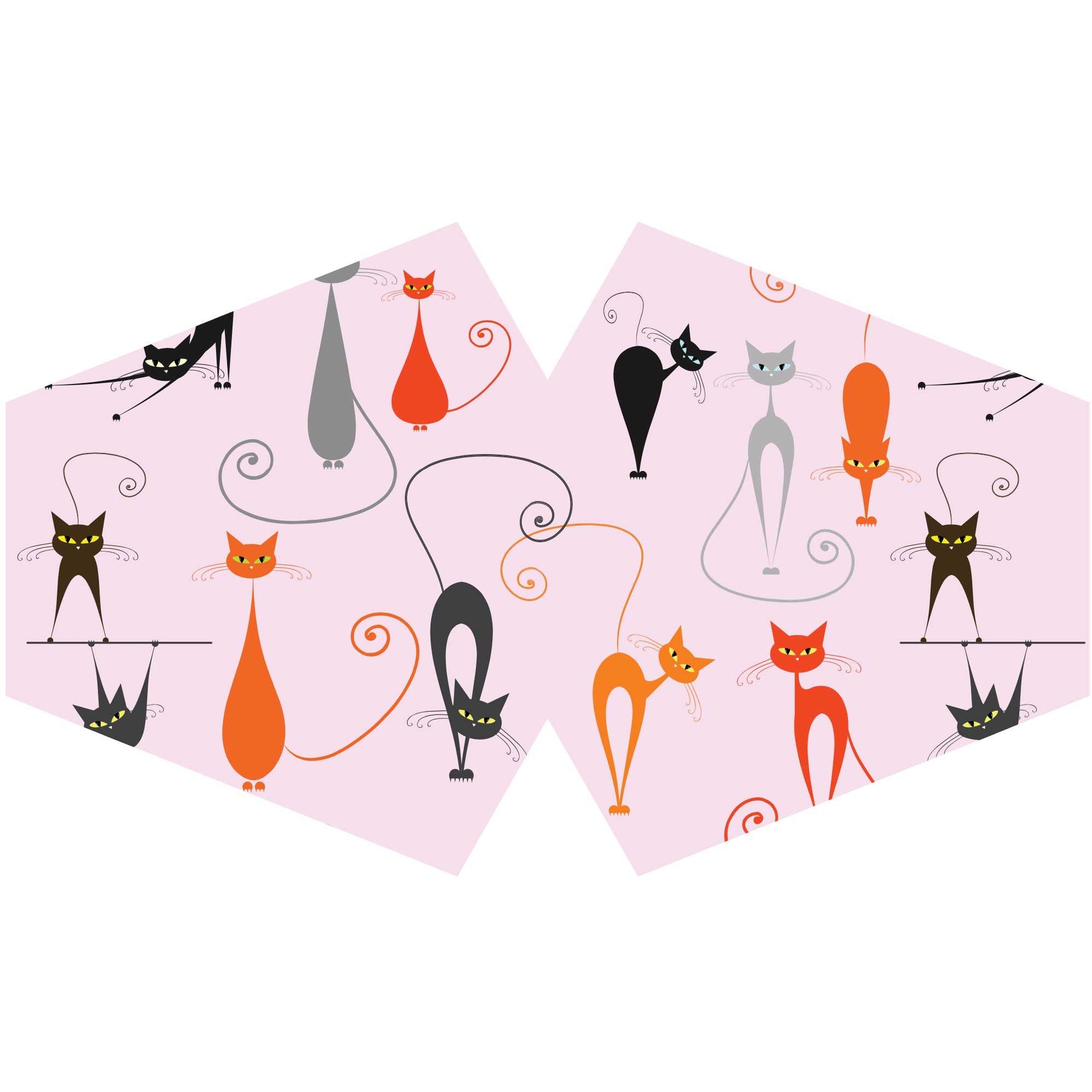 Adult-sized pink reusable fabric face mask featuring a cute white and black cat pattern with elastic ear loops.