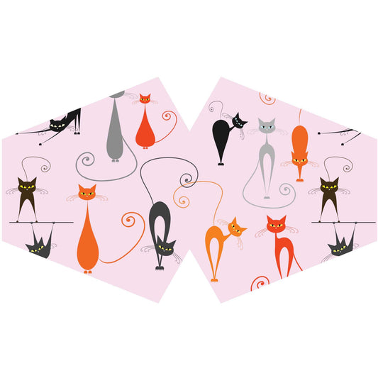 Adult-sized pink reusable fabric face mask featuring a cute white and black cat pattern with elastic ear loops.