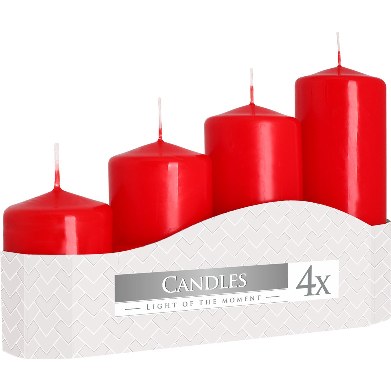 Set of four graduated red pillar candles in varying heights.