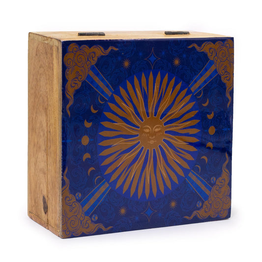 Large square wooden storage box with a vibrant yellow and orange enamelled sun design on the lid.