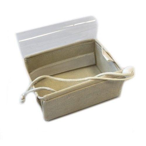 Small cream-coloured cotton flat pack storage box with a clear PVC window showing items inside.