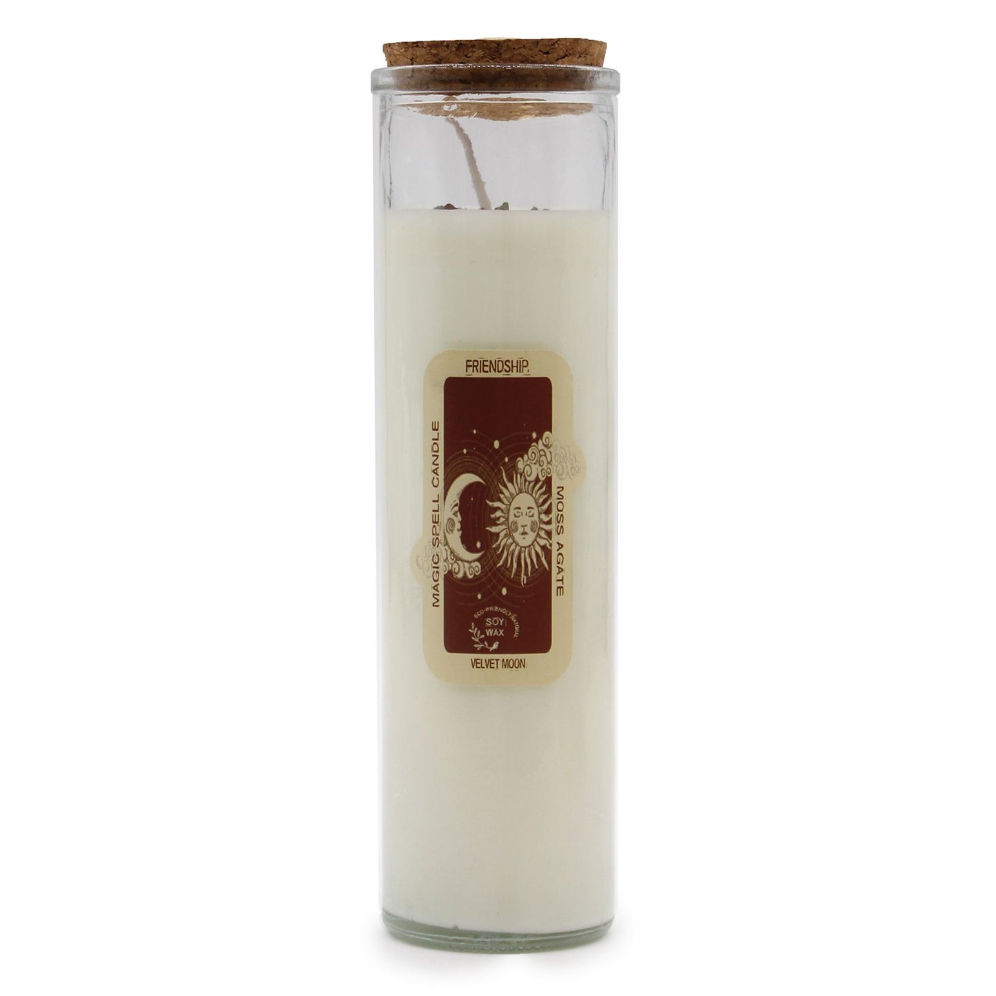 Soy wax magic spell candle topped with genuine moss agate gemstones for friendship and stability.