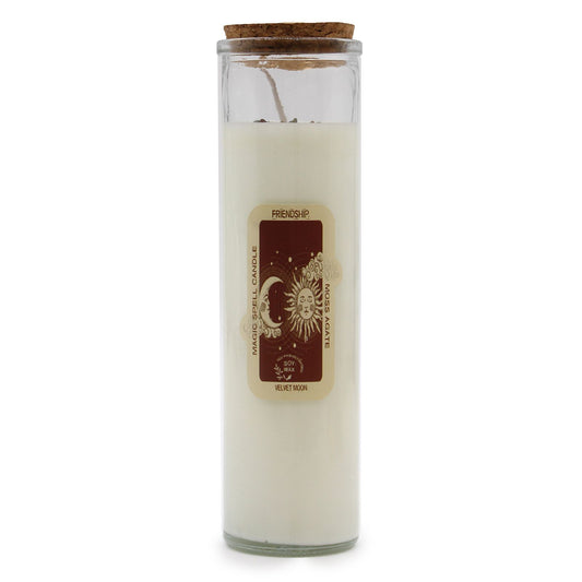 Soy wax magic spell candle topped with genuine moss agate gemstones for friendship and stability.