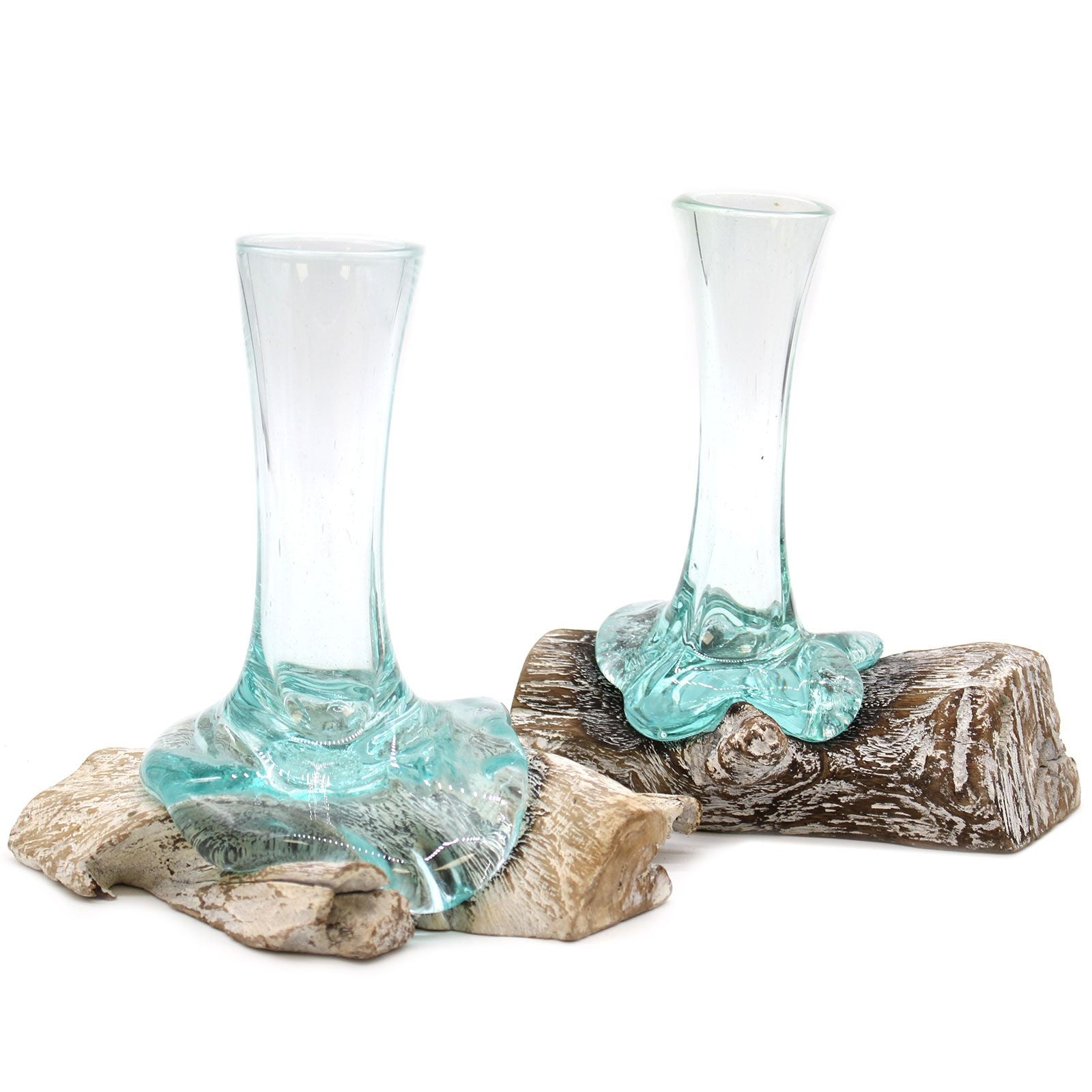 Small clear molten glass vase expertly slumped over a natural whitewashed wood base for a unique organic look.