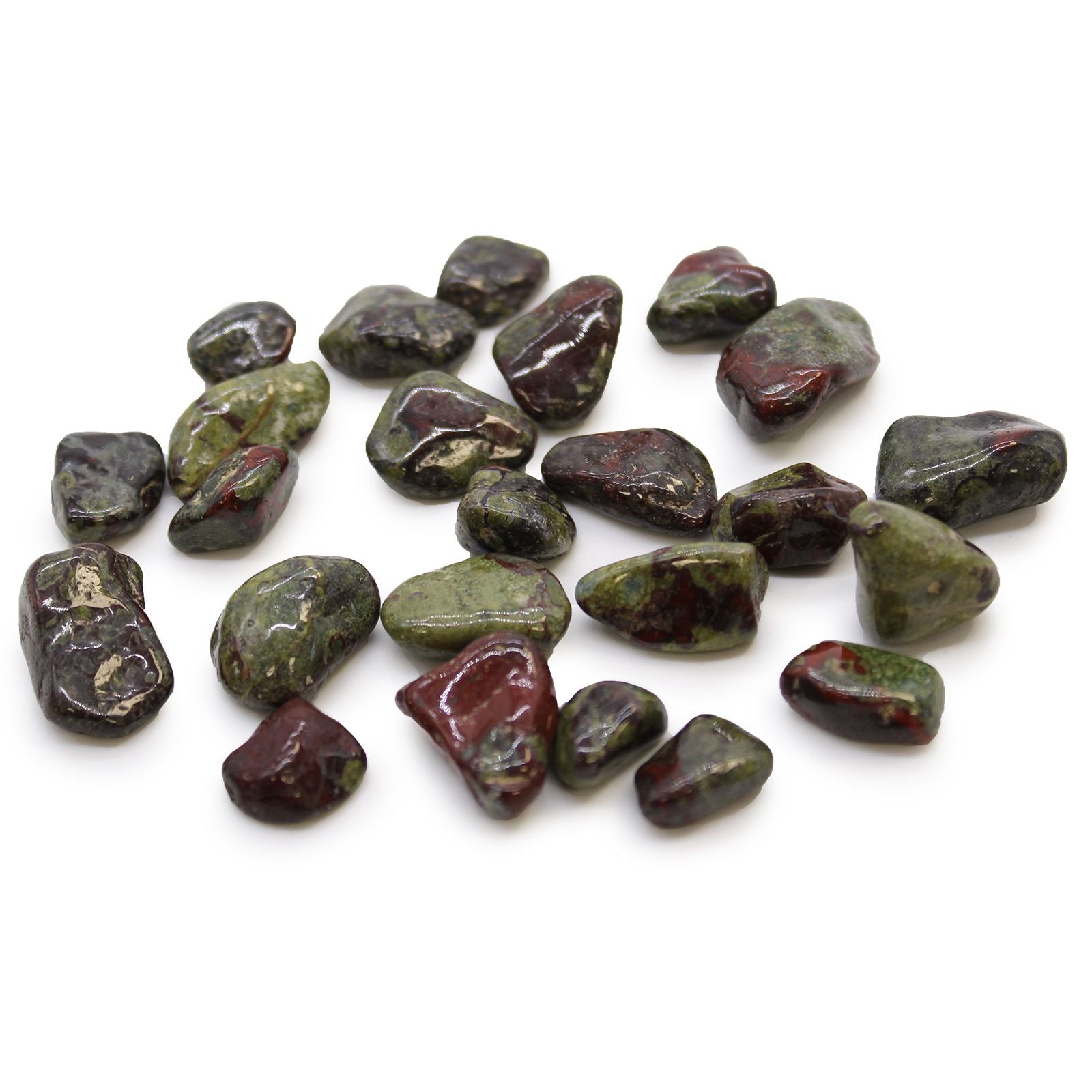 Small polished African tumble stones with a unique mixture of yellow, golden brown, and black patterns.