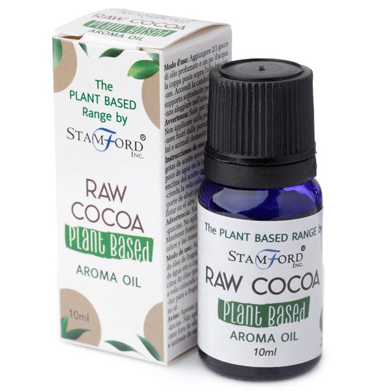 A small amber glass bottle of Raw Cocoa aroma oil with a minimalist white label on a neutral background.