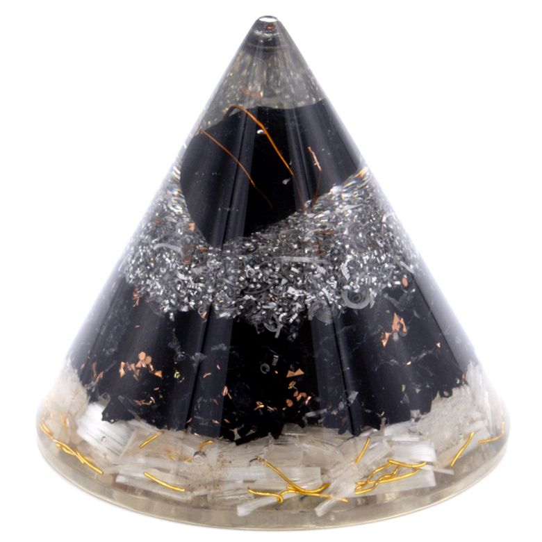 Large orgonite cone featuring white selenite, black tourmaline stones, and copper coils in clear resin.