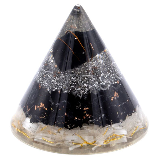 Large orgonite cone featuring white selenite, black tourmaline stones, and copper coils in clear resin.