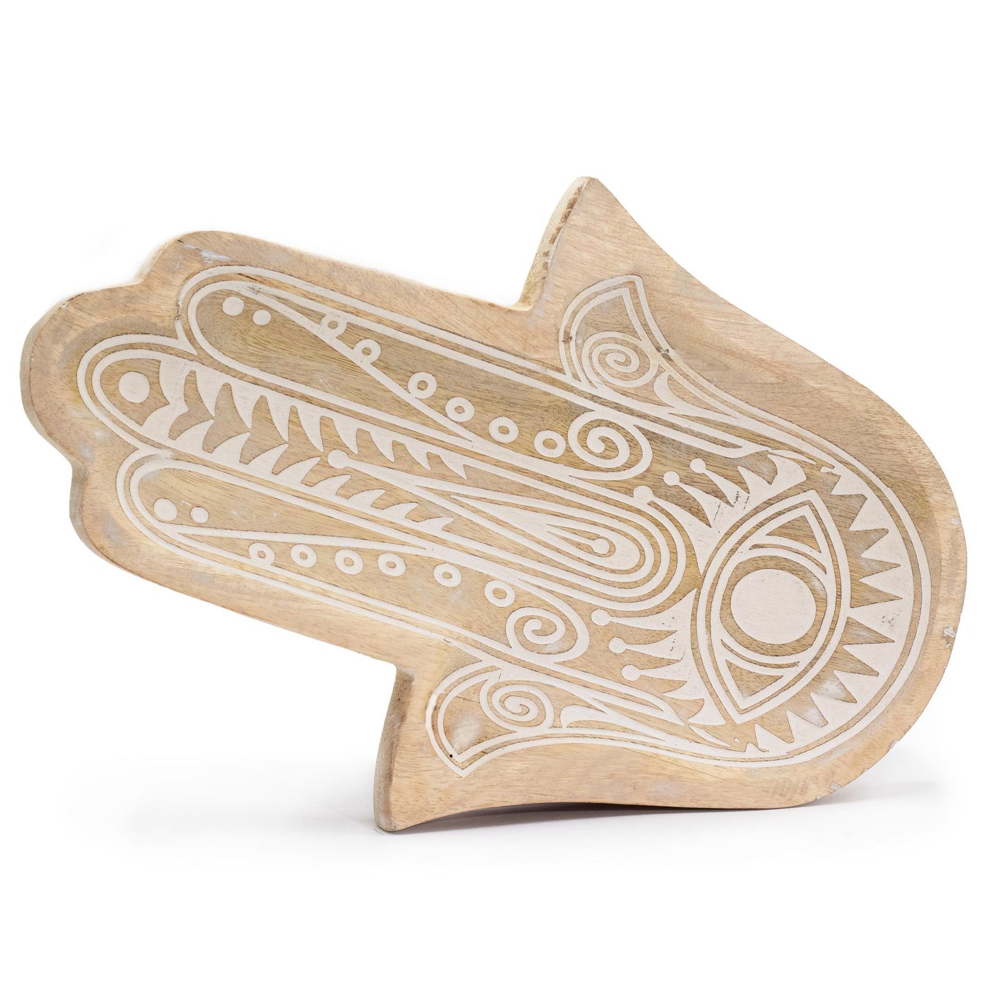 Long rectangular wooden tray with a hand-carved Hamsa hand design and a rustic whitewash finish.