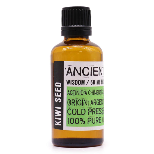 A 50ml amber glass bottle of kiwi seed oil with a black dropper cap on a plain background.