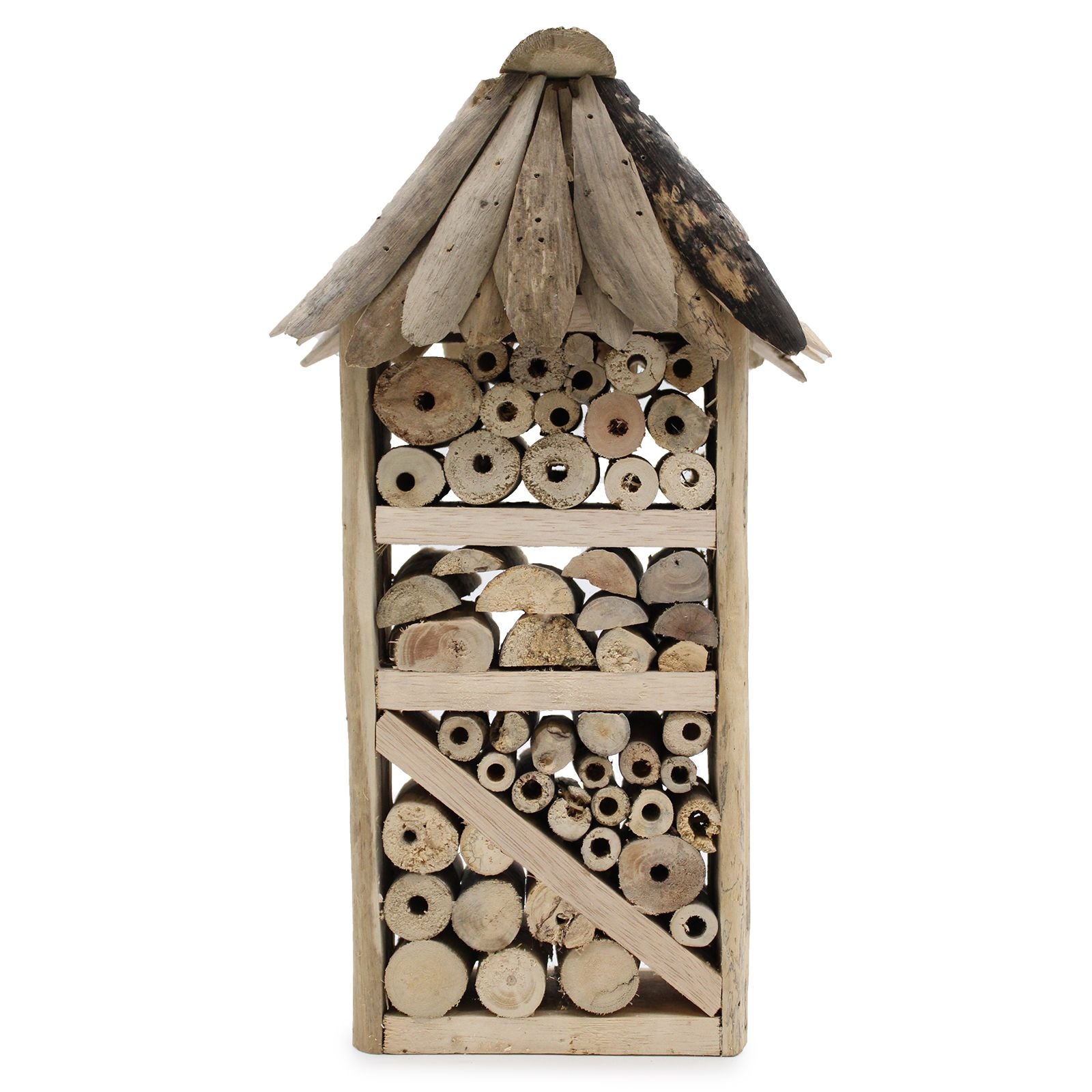 Handcrafted multi-level insect hotel box made from rustic weathered driftwood with various sized holes for nesting.