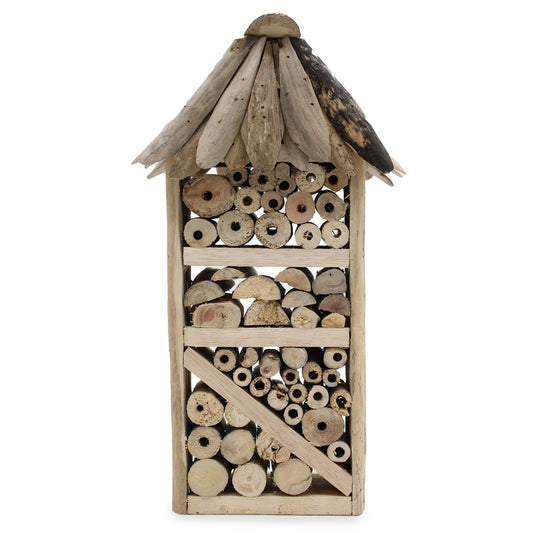 Handcrafted multi-level insect hotel box made from rustic weathered driftwood with various sized holes for nesting.