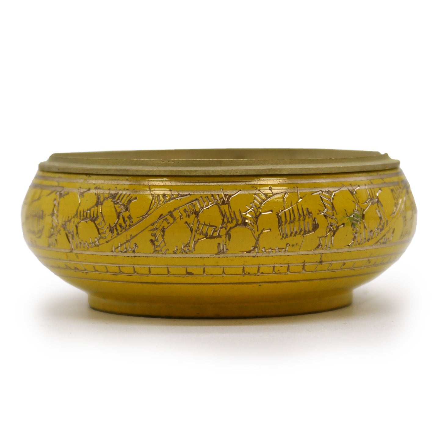 Vibrant yellow charcoal incense jar with golden patterns and a removable metal grate for resin burning.