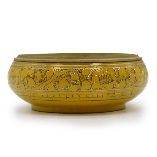 Vibrant yellow charcoal incense jar with golden patterns and a removable metal grate for resin burning.