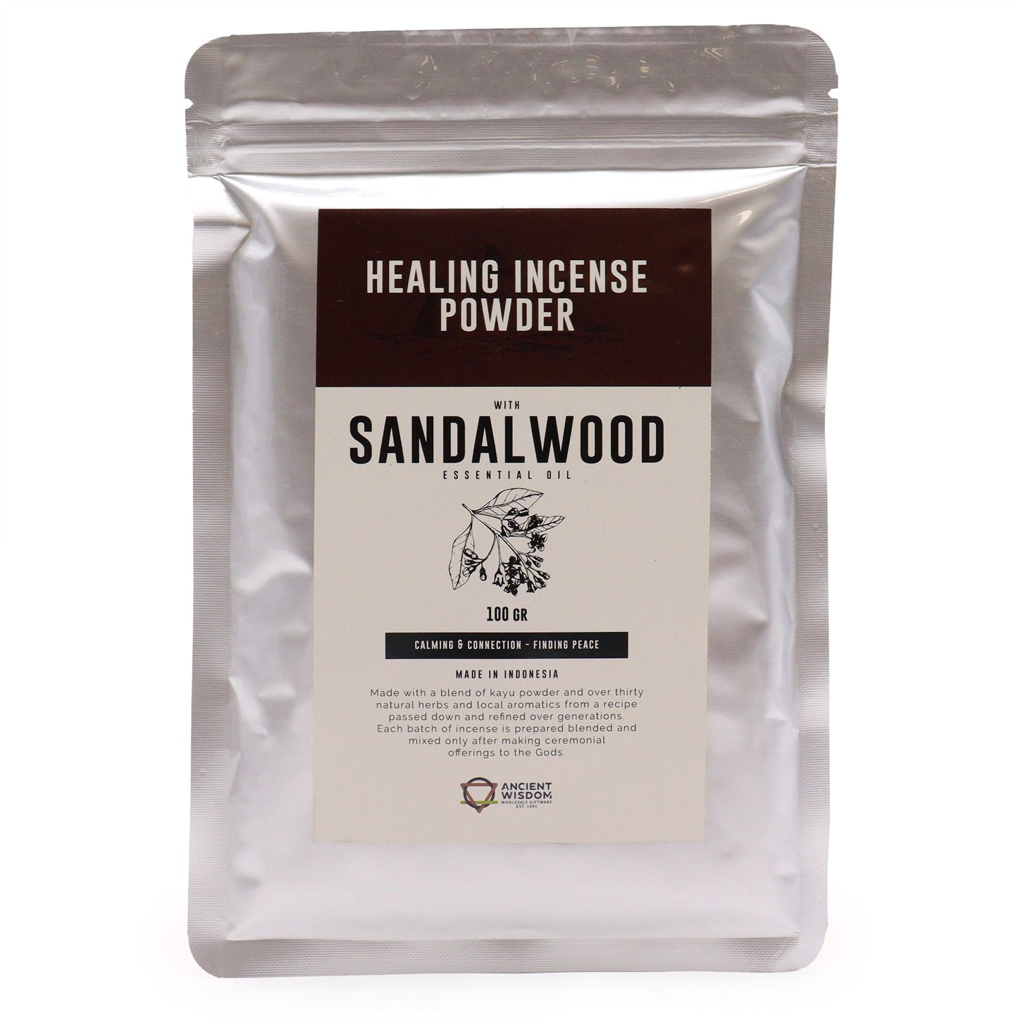 Finely textured sandalwood incense powder in a clear 100g bag for spiritual wellness and meditation.