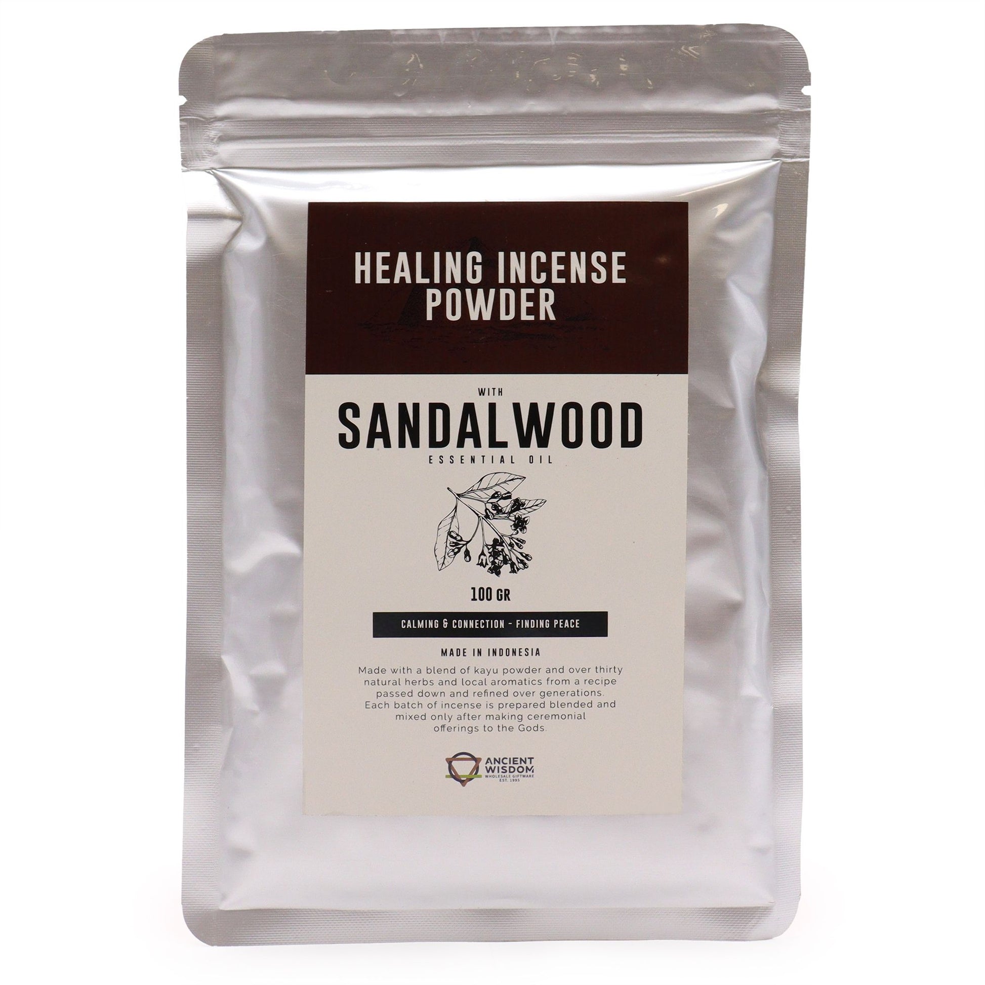 Finely textured sandalwood incense powder in a clear 100g bag for spiritual wellness and meditation.