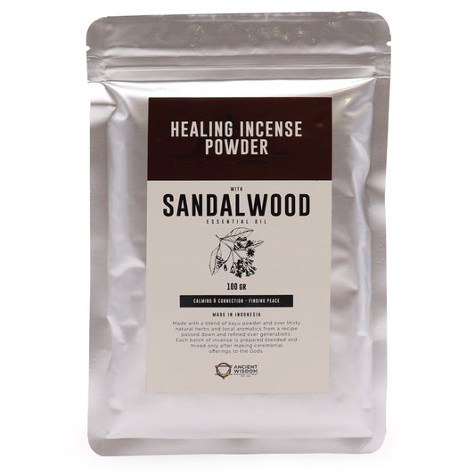 Finely textured sandalwood incense powder in a clear 100g bag for spiritual wellness and meditation.