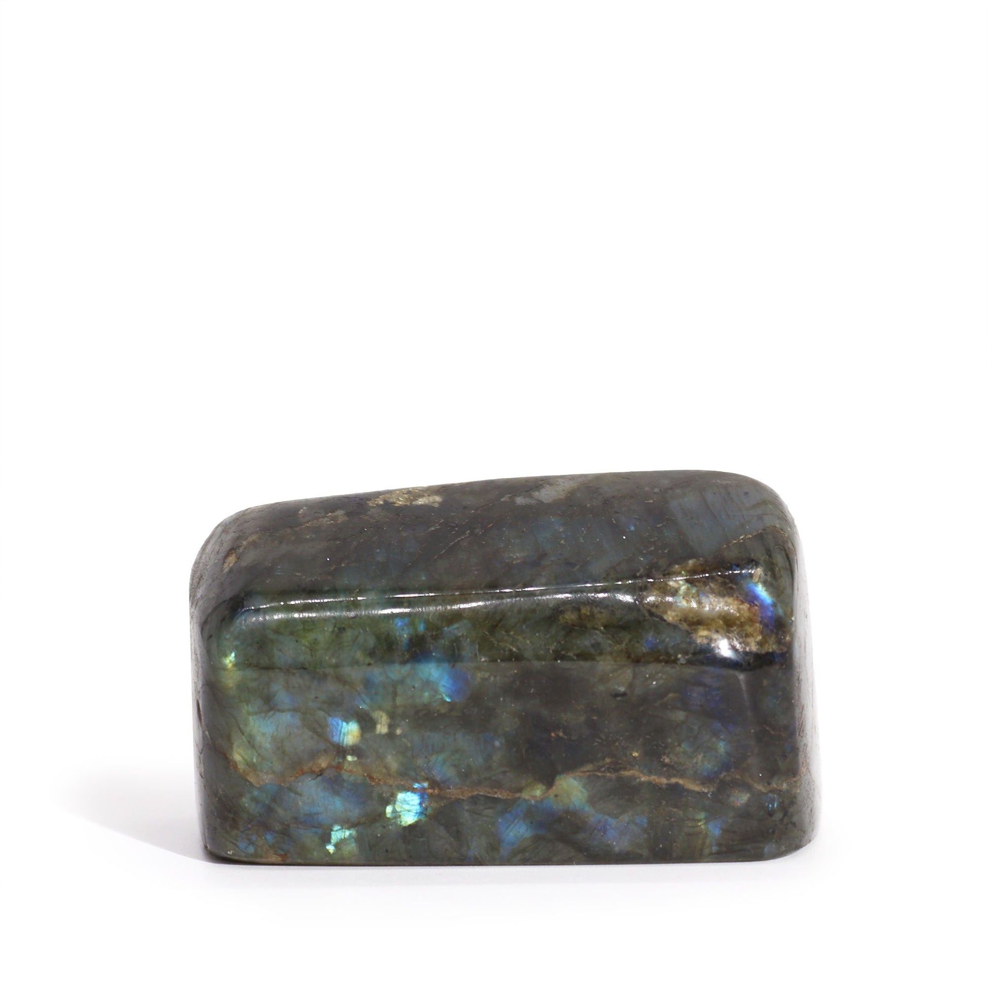 Medium polished Madagascar labradorite stone showing iridescent flashes of blue and green across its dark surface.