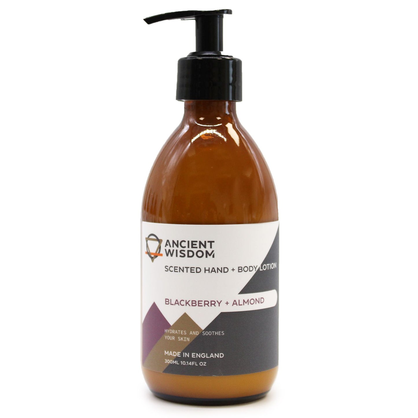 A 300ml bottle of blackberry and almond fragranced hand and body lotion with a pump dispenser.
