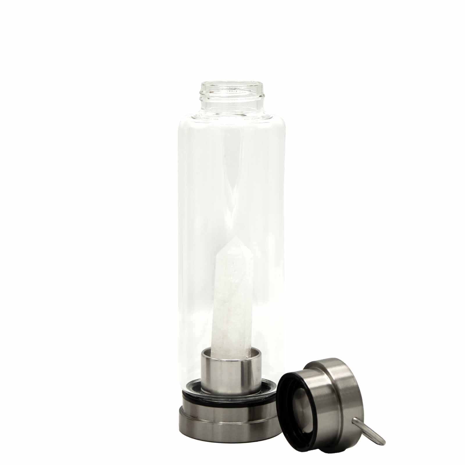 Sleek glass water bottle featuring a central clear quartz obelisk crystal and silver-toned lid.