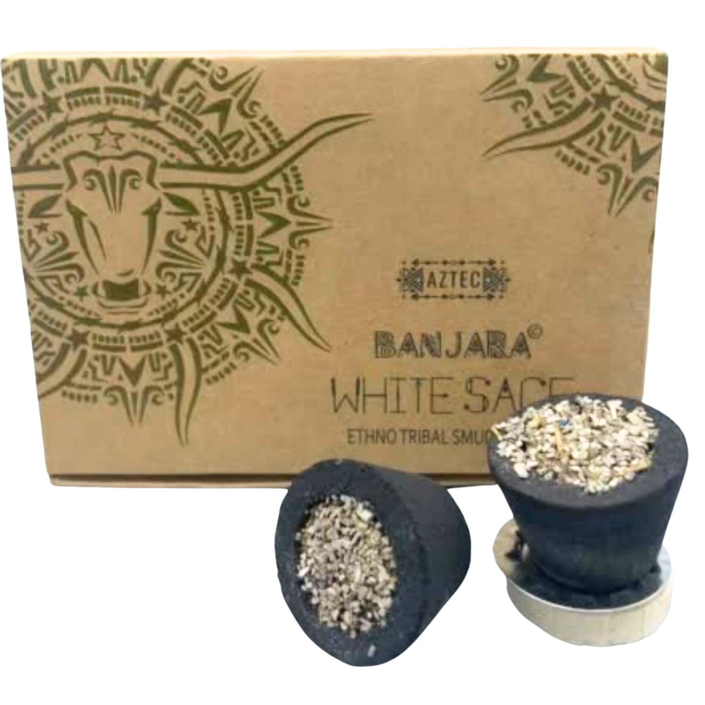 Handcrafted charcoal smudge cup filled with dried white sage leaves and natural resins.