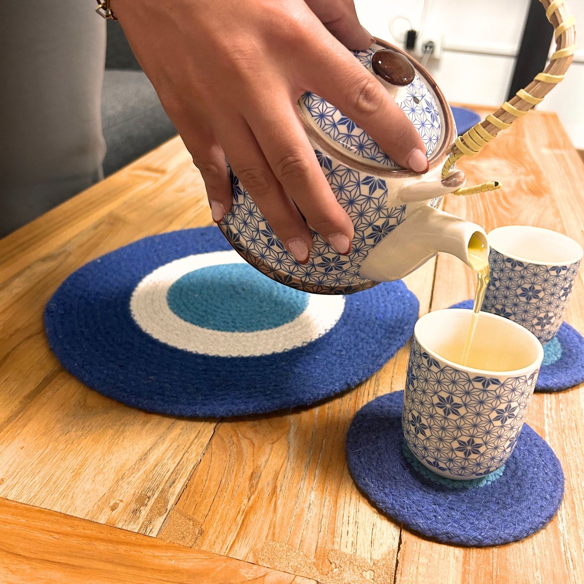 Set of Evil Eye Jute Rope Coasters & Mats (4 of each)