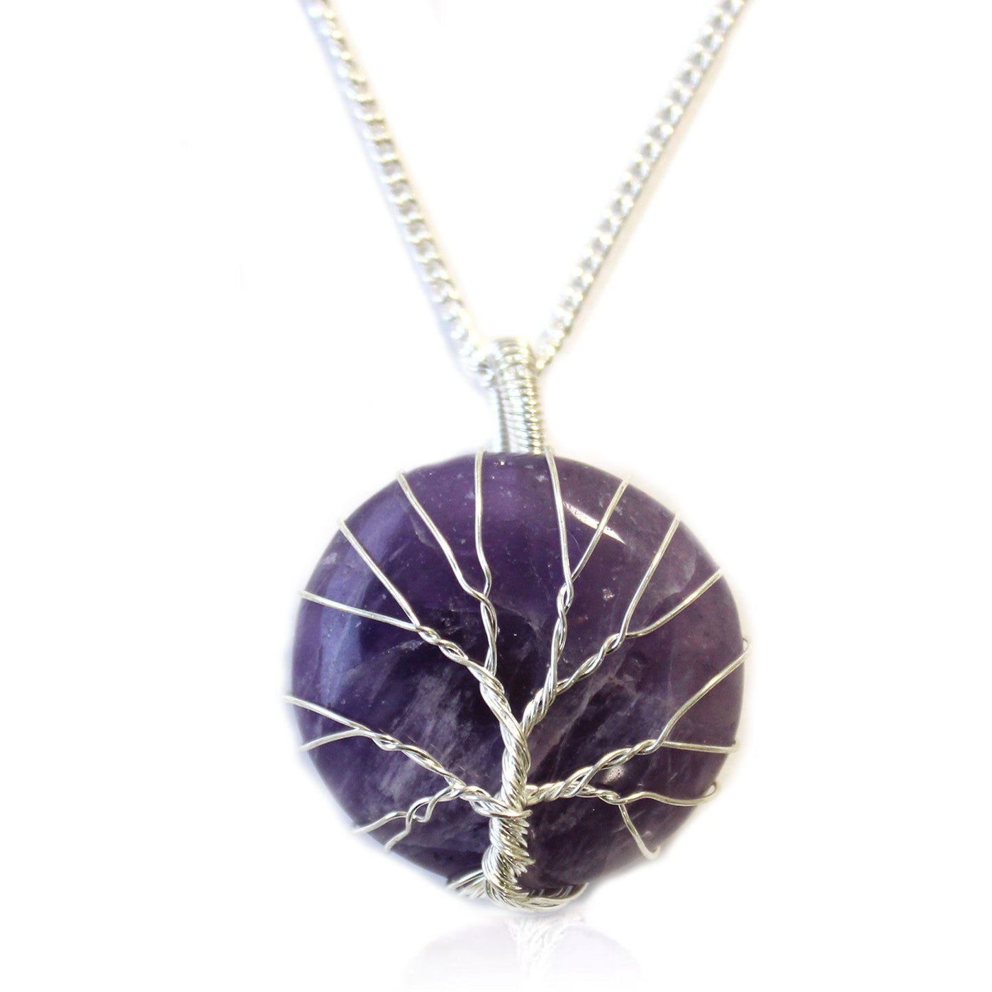 Silver-toned Tree of Life pendant featuring purple amethyst gemstone chips on a delicate chain.
