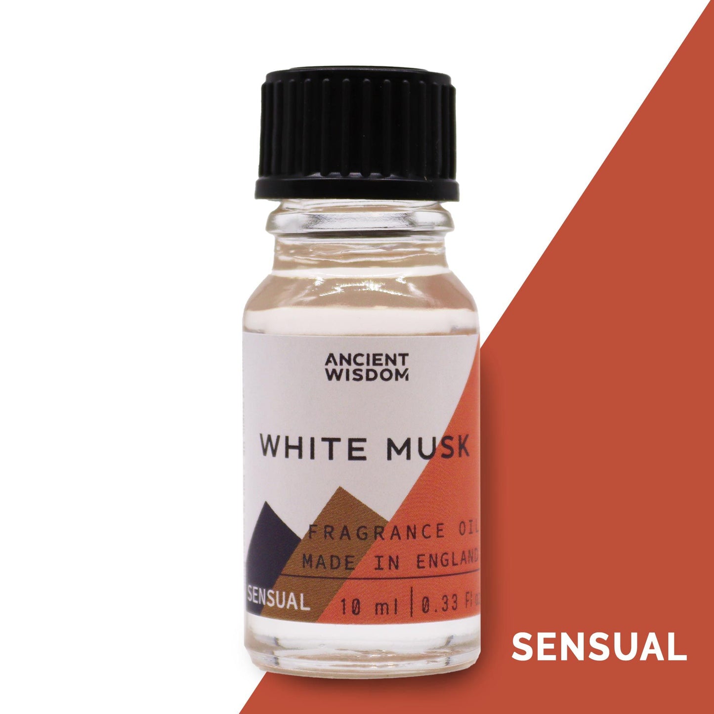 A small amber glass bottle of White Musk fragrance oil with a white label and black dropper cap.