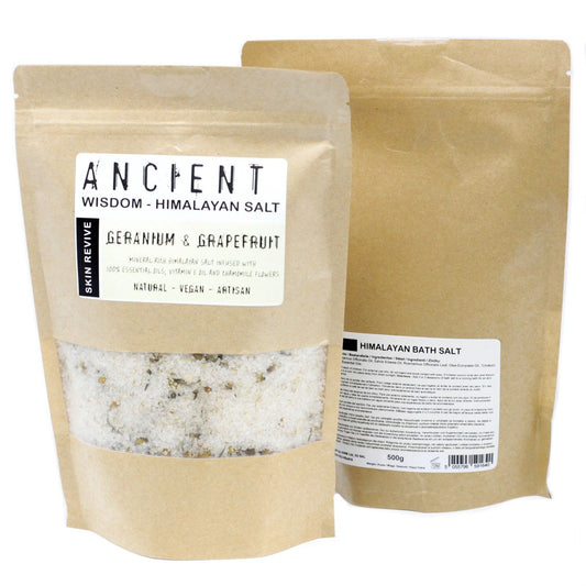 A 500g pouch of pink Himalayan bath salts blended with dried chamomile flowers and essential oils.